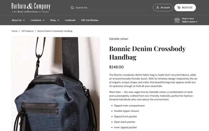 Website page titled Bonnie Denim Crossbody Handbag – Barbara & Company