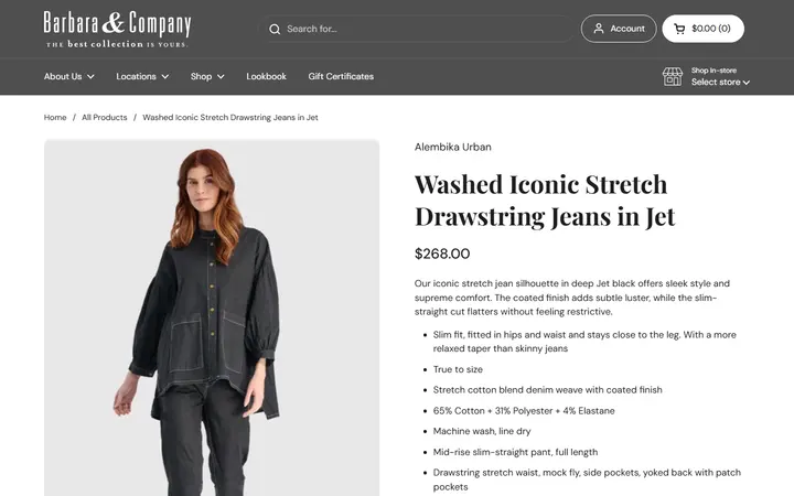 Website page titled Washed Iconic Stretch Drawstring Jeans in Jet – Barbara & Company