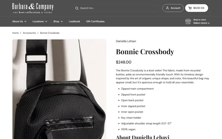 Website page titled Bonnie Crossbody – Barbara & Company