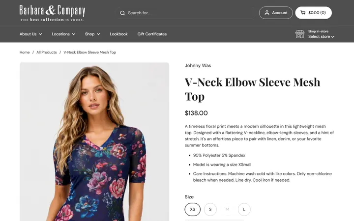Website page titled V‑Neck Elbow Sleeve Mesh Top – Barbara & Company