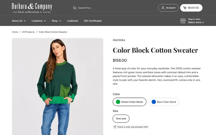 Website page titled Color Block Cotton Sweater – Barbara & Company