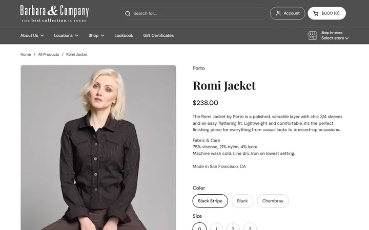 Website page titled Romi Jacket – Barbara & Company