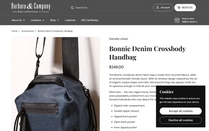 Website page titled Bonnie Denim Crossbody Handbag – Barbara & Company