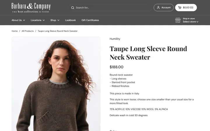 Website page titled Taupe Long Sleeve Round Neck Sweater – Barbara & Company