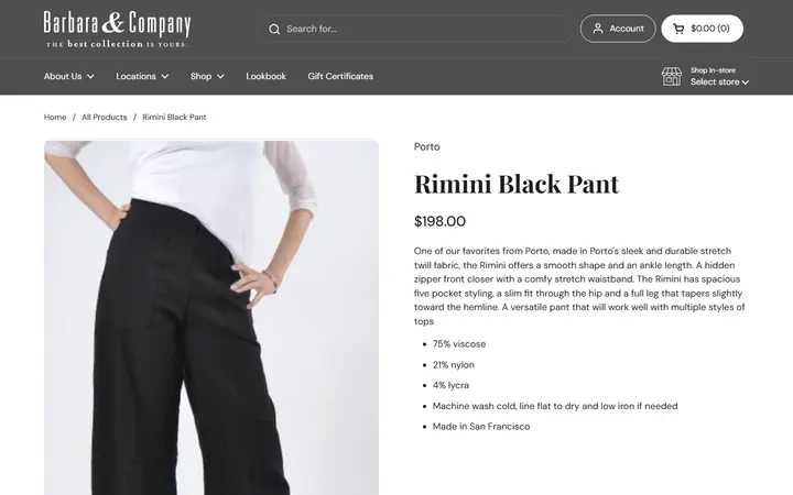 Website page titled Rimini Black Pant – Barbara & Company