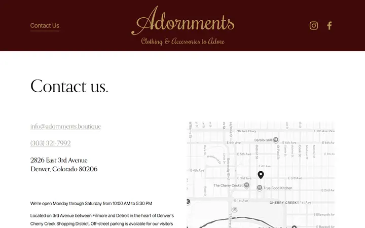 Website page titled Contact 1 — Adornments
