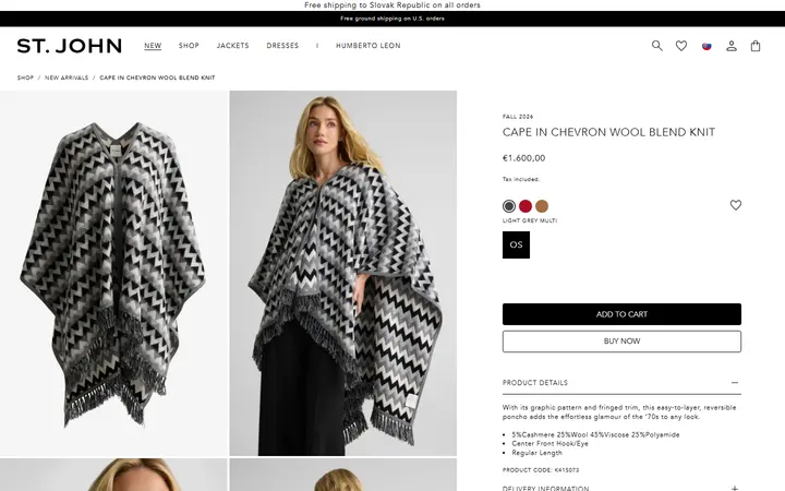 Website page titled Cape In Chevron Wool Blend Knit – St. John Knits
