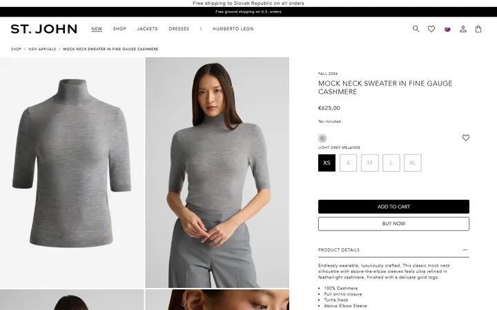 Website page titled Mock Neck Sweater In Fine Gauge Cashmere – St. John Knits