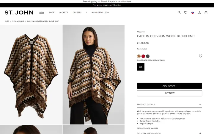 Website page titled Cape In Chevron Wool Blend Knit – St. John Knits