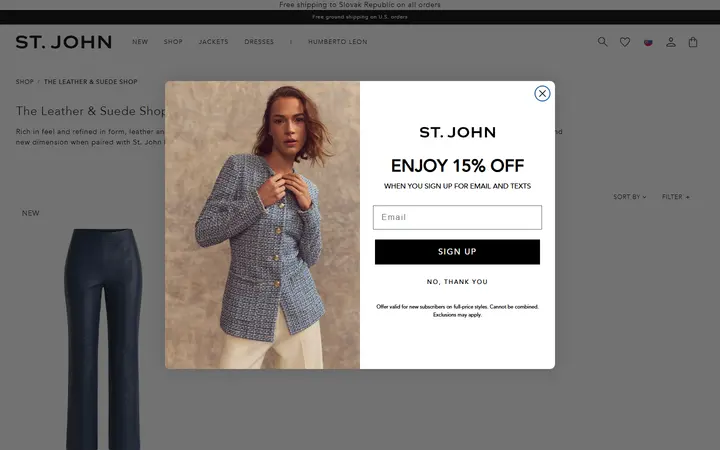 Website page titled Leather Shop | St. John Knits
