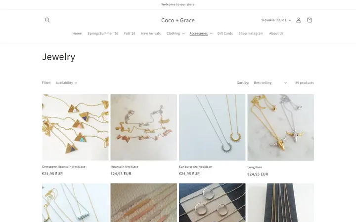 Website page titled Jewelry – Coco + Grace