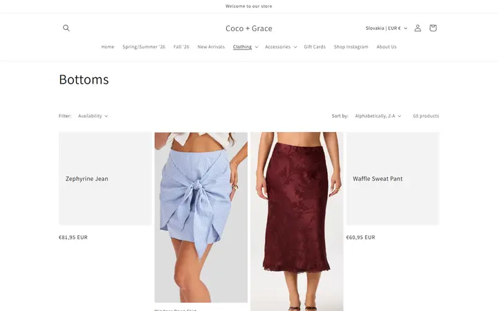 Website page titled Bottoms – Coco + Grace
