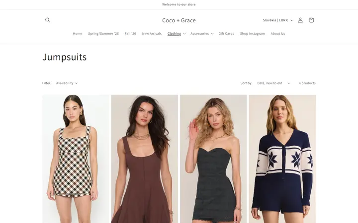 Website page titled Jumpsuits – Coco + Grace