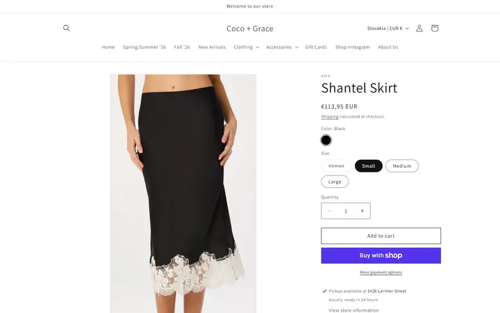 Website page titled Shantel Skirt – Coco + Grace