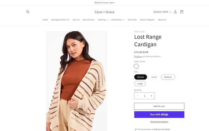 Website page titled Lost Range Cardigan – Coco + Grace