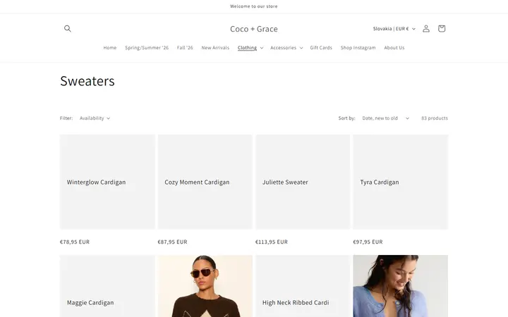 Website page titled Sweaters – Coco + Grace