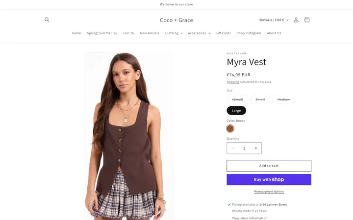 Website page titled Myra Vest – Coco + Grace
