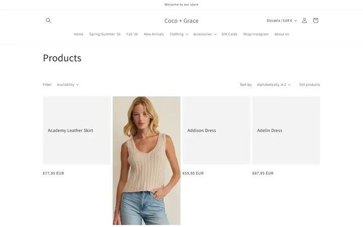 Website page titled Products – Coco + Grace