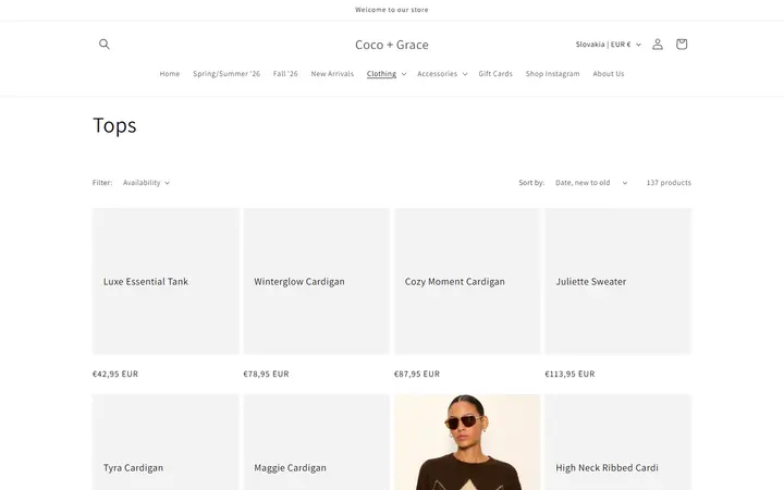Website page titled Tops – Coco + Grace