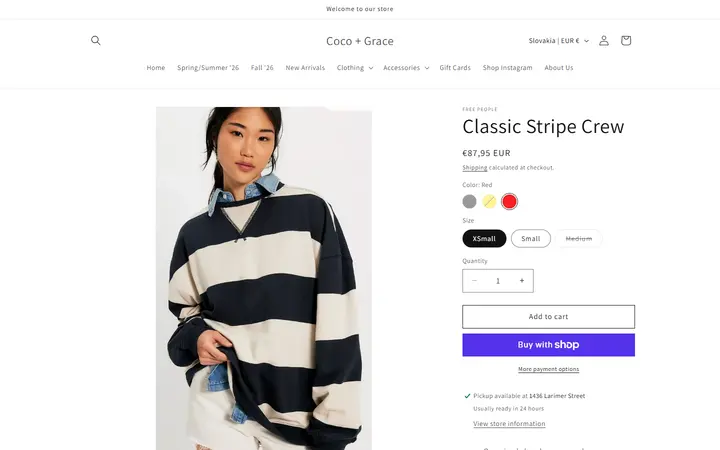 Website page titled Classic Stripe Crew – Coco + Grace