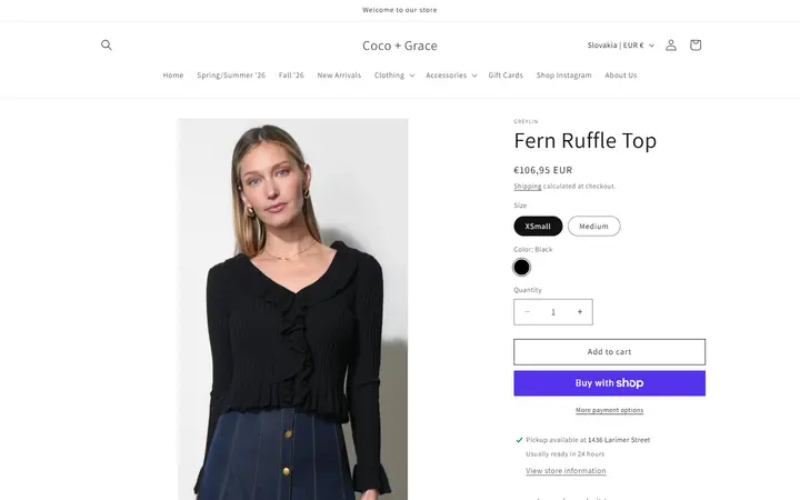 Website page titled Fern Ruffle Top – Coco + Grace