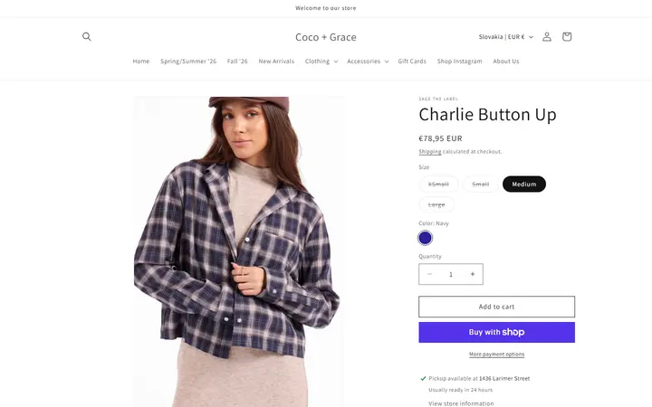 Website page titled Charlie Button Up – Coco + Grace