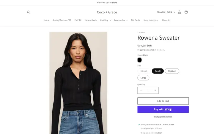 Website page titled Rowena Sweater – Coco + Grace
