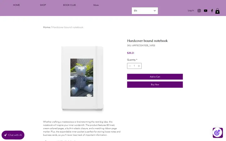 Website page titled Hardcover bound notebook | Misscherellecakes