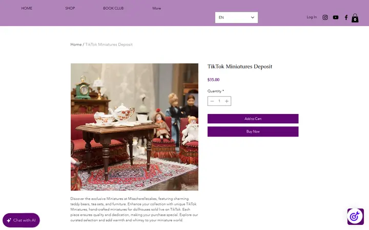 Website page titled TikTok Miniatures Deposit | Misscherellecakes