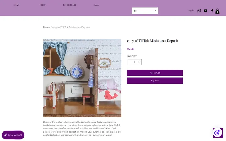 Website page titled copy of TikTok Miniatures Deposit | Misscherellecakes