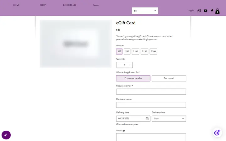 Website page titled GIFT CARD | Misscherellecakes