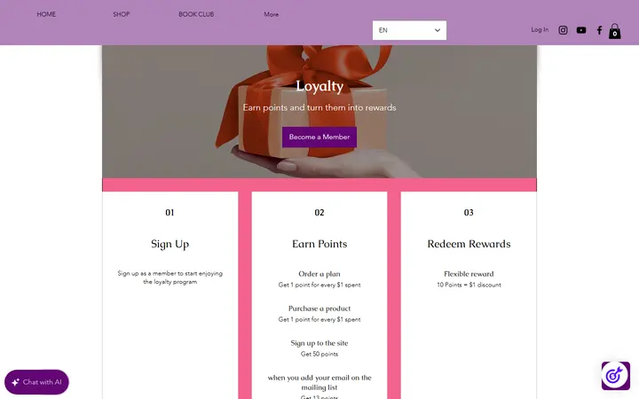 Website page titled LOYALTY | Misscherellecakes