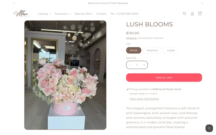 Website page titled LUSH BLOOMS – Allure Flower Boutique