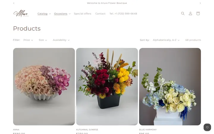 Website page titled Products – Allure Flower Boutique