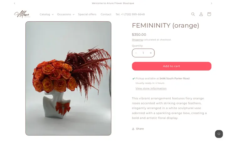 Website page titled FEMININITY (orange) – Allure Flower Boutique