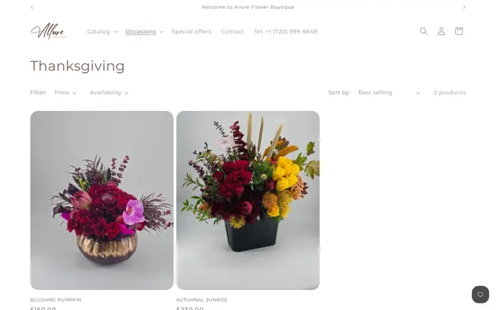 Website page titled Thanksgiving – Allure Flower Boutique