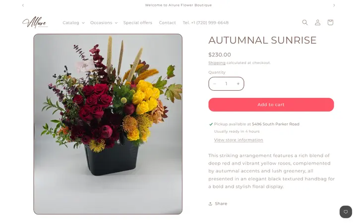 Website page titled AUTUMNAL SUNRISE – Allure Flower Boutique
