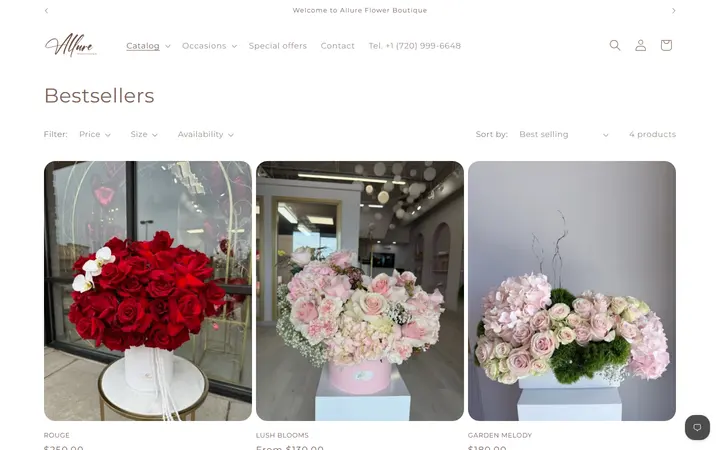 Website page titled Bestsellers – Allure Flower Boutique
