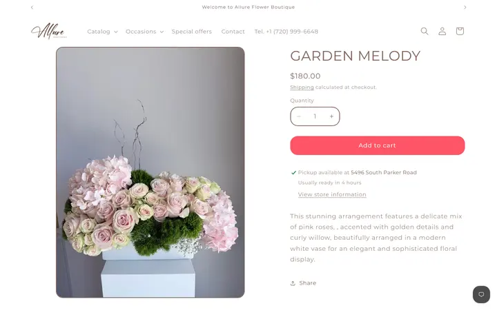 Website page titled GARDEN MELODY – Allure Flower Boutique