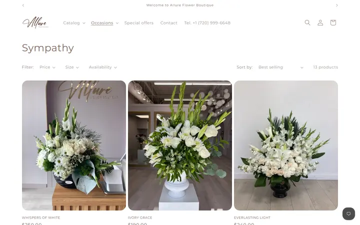 Website page titled Sympathy – Allure Flower Boutique
