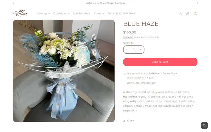 Website page titled BLUE HAZE – Allure Flower Boutique