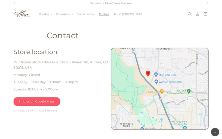 Website page titled Contact – Allure Flower Boutique