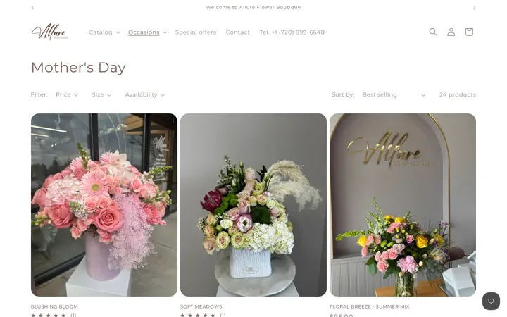Website page titled Mother's Day – Allure Flower Boutique
