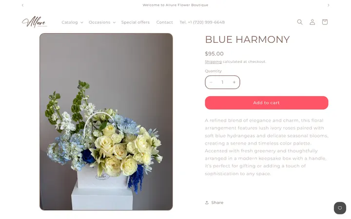 Website page titled BLUE HARMONY – Allure Flower Boutique