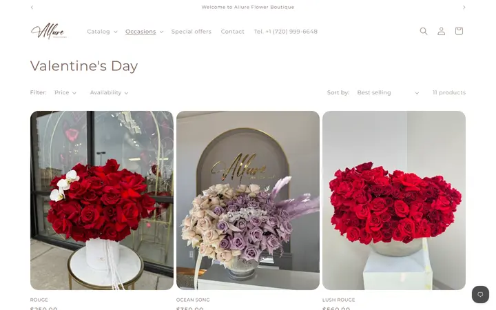 Website page titled Valentine's Day – Allure Flower Boutique