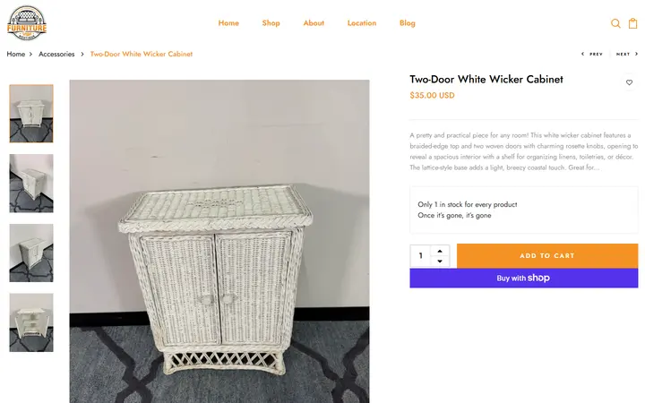 Website page titled Two-Door White Wicker Cabinet