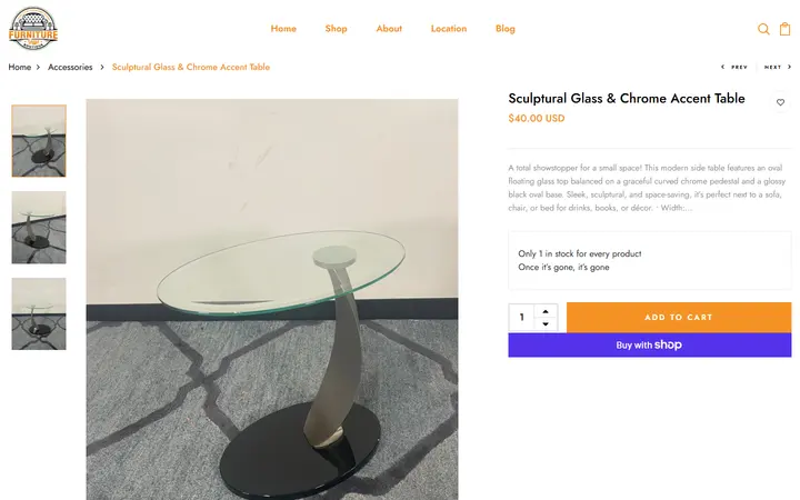 Website page titled Sculptural Glass & Chrome Accent Table