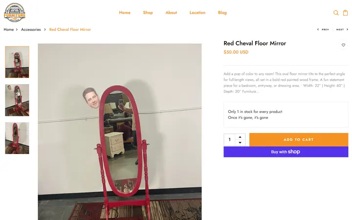 Website page titled Red Cheval Floor Mirror