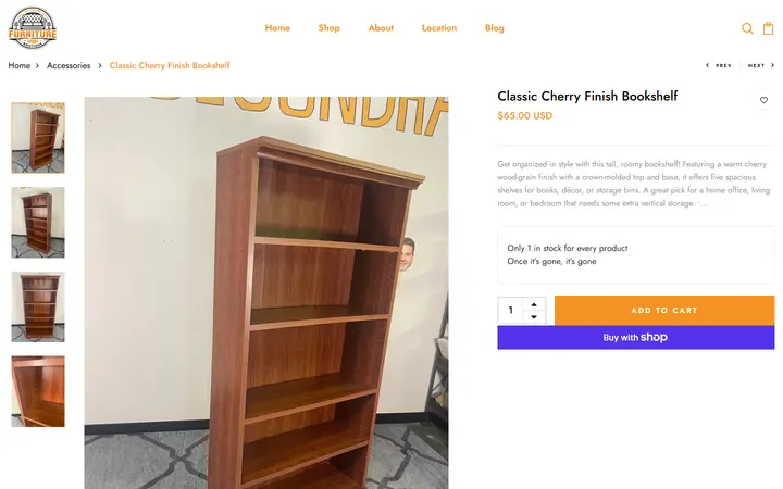 Website page titled Classic Cherry Finish Bookshelf