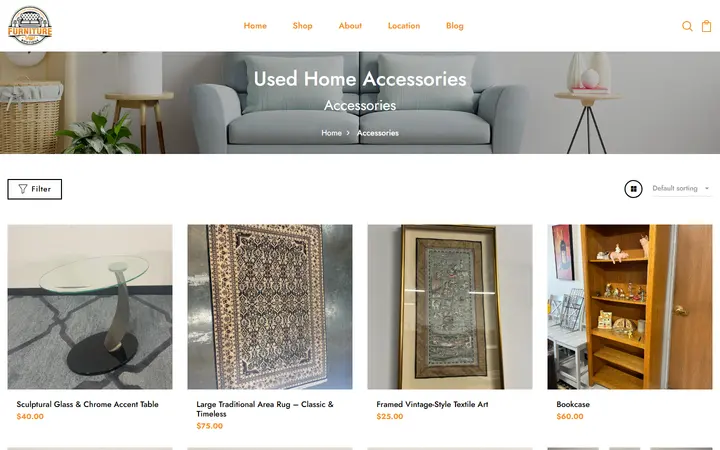Website page titled Used Home Accessories & Decor | Furniture Guys Boutique